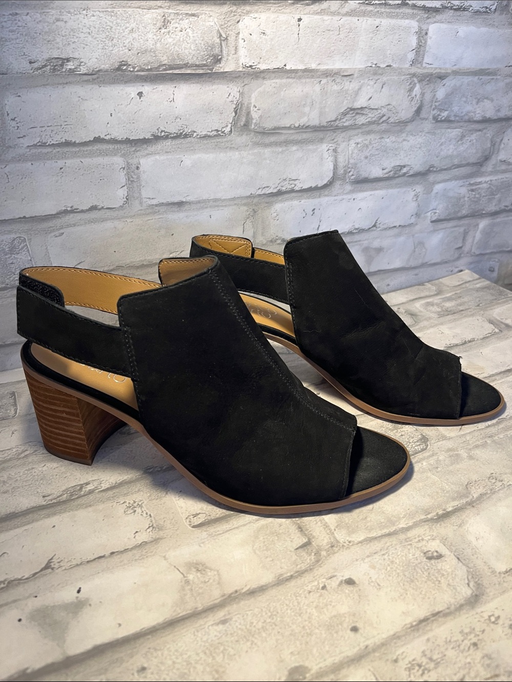 Franco Sarto Black Suede Peep-Toe Slingback Block Heels size 7.5